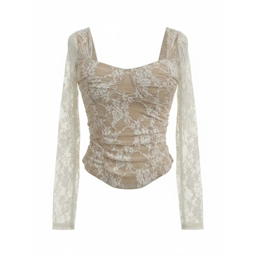 Romantic Sheer Lace Bustier Corset Top M Cream Floral Coquette Victorian Fairy - Picture 3 of 9